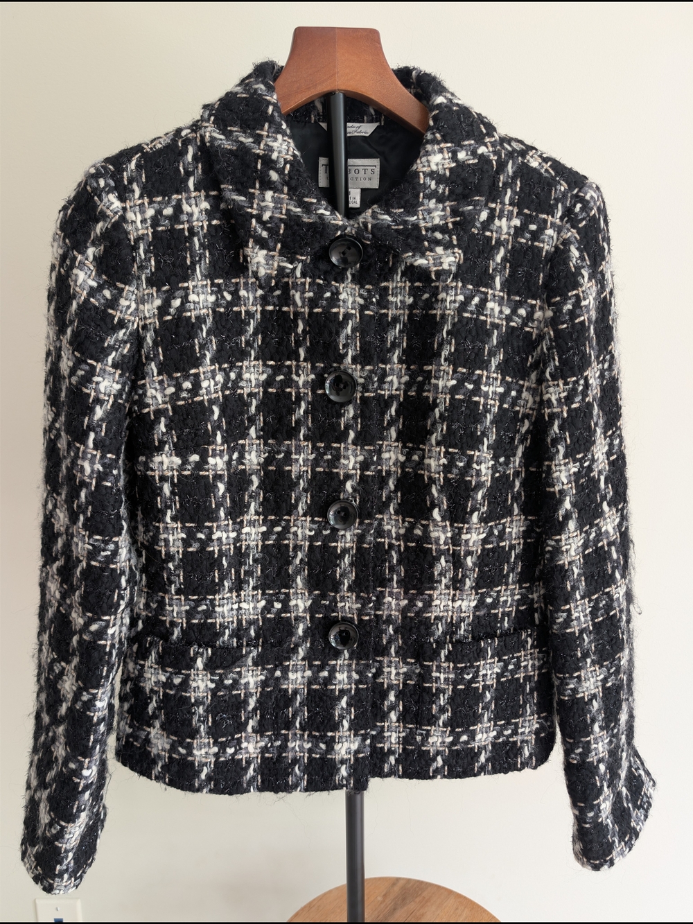 Luxury Talbots Collection Italian Bouclé Tweed Jacket Blazer Black White